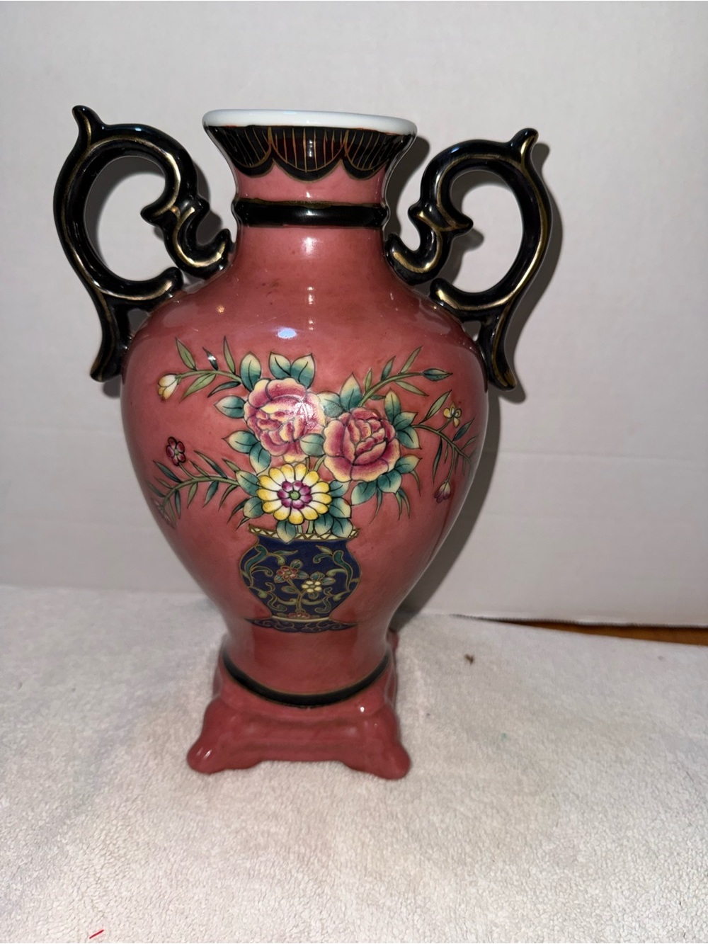 Decorative Pink Floral Double-Handled Vase - Home Accents